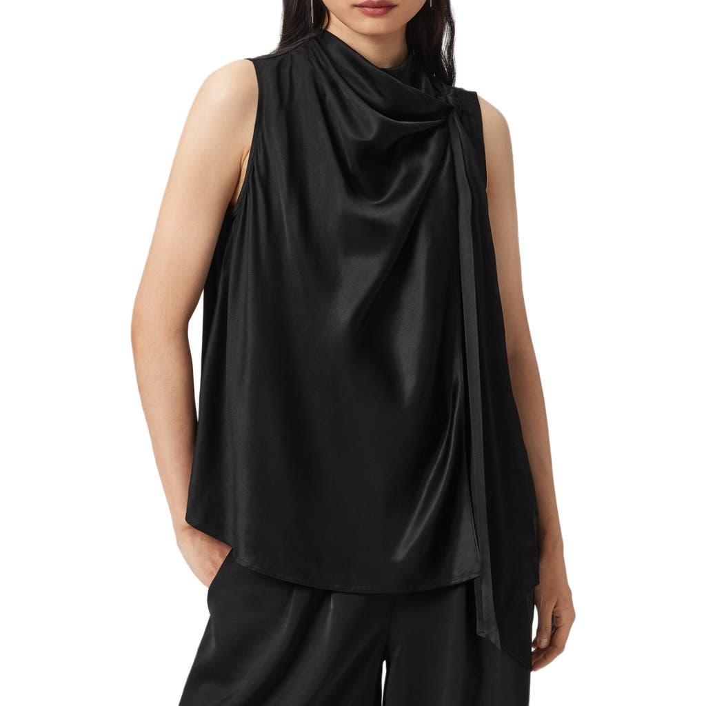 Allsaints Herela Tie Neck Sleeveless Satin Top In Black