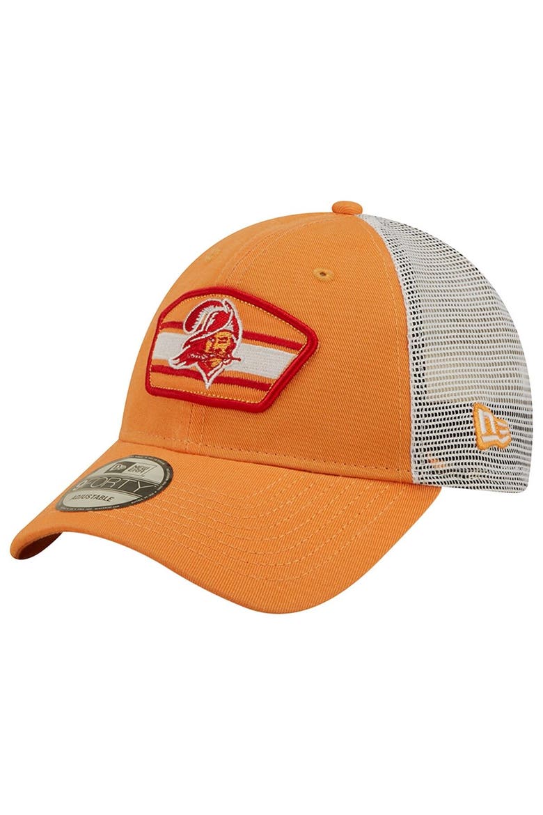 Men's New Era Orange/White Tampa Bay Buccaneers Logo Patch Trucker 9FORTY Snapback Hat, Main, color, Orange