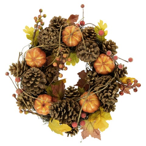 Pinecone and Pumpkin Fall Harvest Wreath, 14-Inch, Unlit