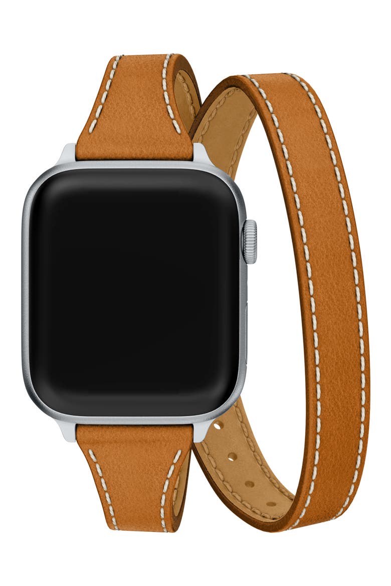 Double Wrap Leather 20mm Smartwatch Watchband, Main, color, BROWN