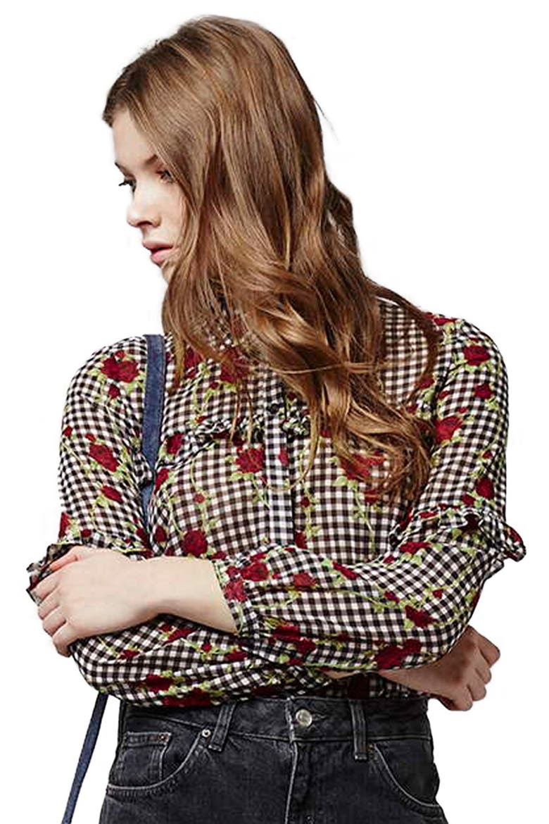 Floral Gingham Ruffled Shirt, Main, color, BLACK MULTI