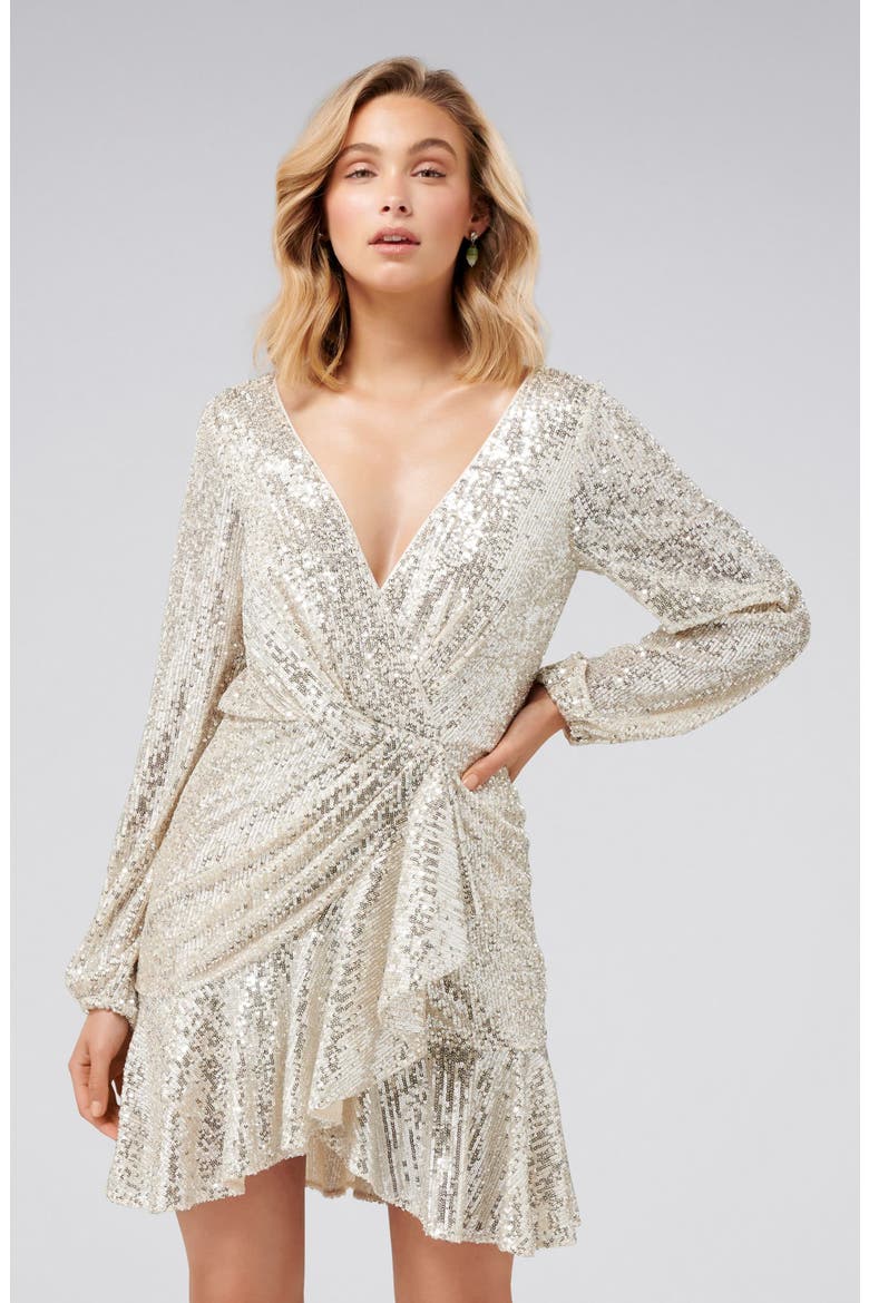 Flip Sequin Long Sleeve Cocktail Dress, Alternate, color, SILVER