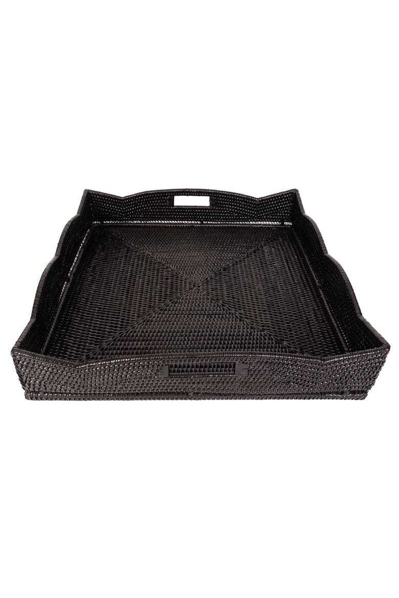 Scalloped Rattan Square Tray with Cutout Handles, Main, color, Tudor Black
