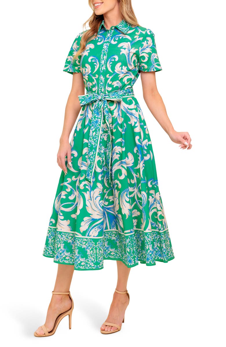 FLYING TOMATO Swirl Print Short Sleeve Cotton Shirtdress, Alternate, color, Green Ivory