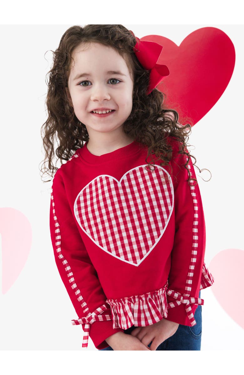 RuffleButts Applique Ruffle Bow Sweatshirt, Alternate, color, Heart Red Gingham