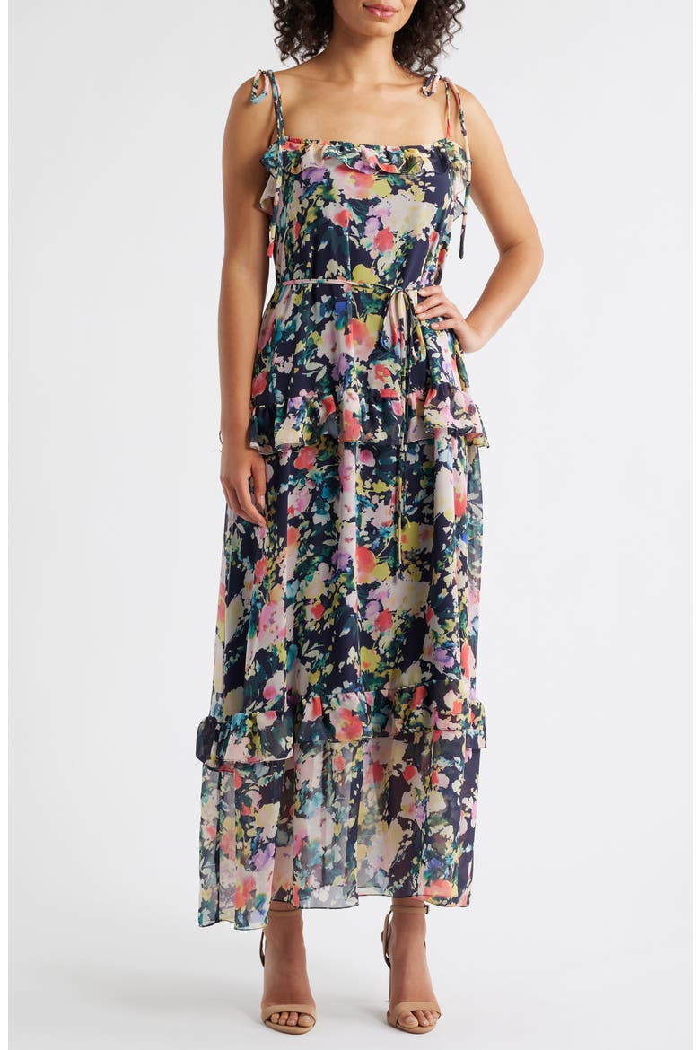 Floral Print Tie Strap Midi Dress, Main, color, NAVY MULTI
