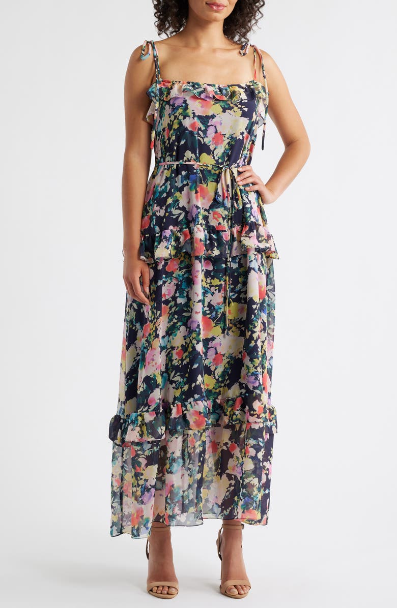 Julia Jordan Floral Print Tie Strap Midi Dress, Main, color, Navy Multi