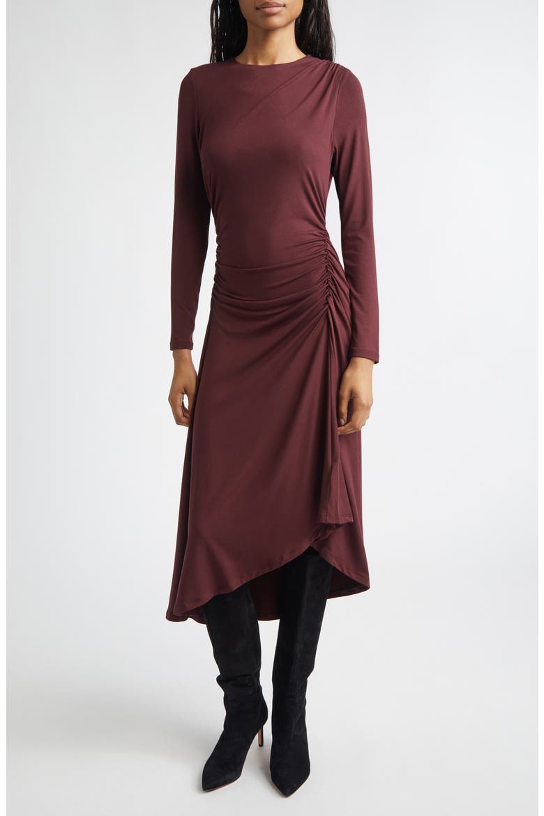 Theodora Ruched Midi Dress, Main, color, RAISIN