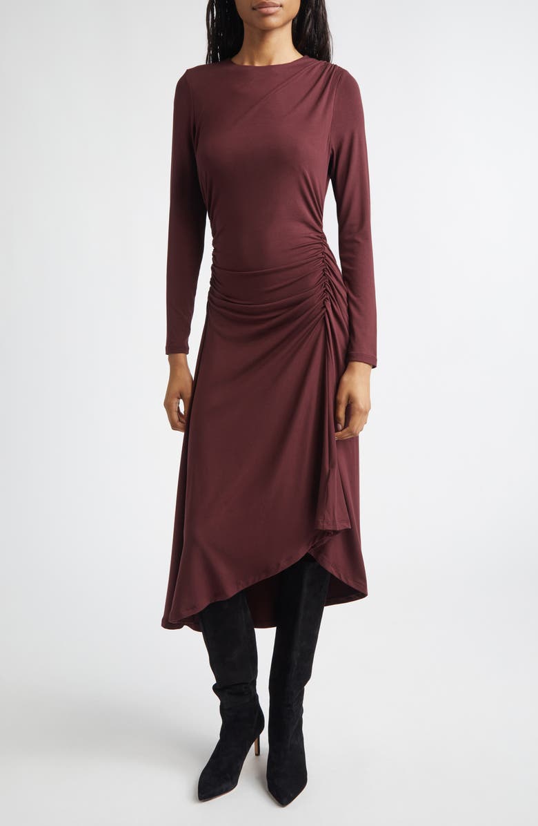 Veronica Beard Theodora Ruched Midi Dress, Main, color, Raisin