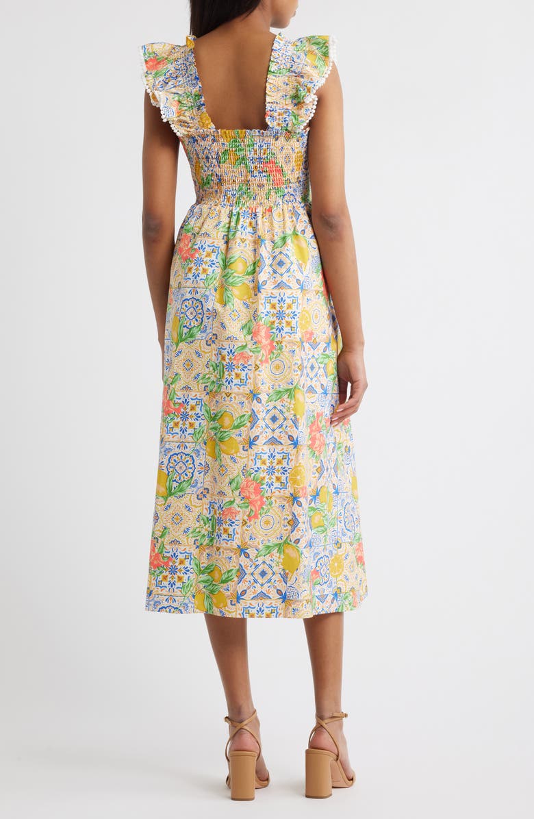 Anne Klein Ruffle Smocked Bodice Midi Sundress, Alternate, color, Pearl White Multi