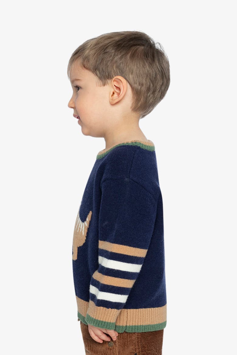Dino Intarsia Striped Ribbed Cuffs Knit Sweater, Alternate, color, Dark Blue, Brown and Beige