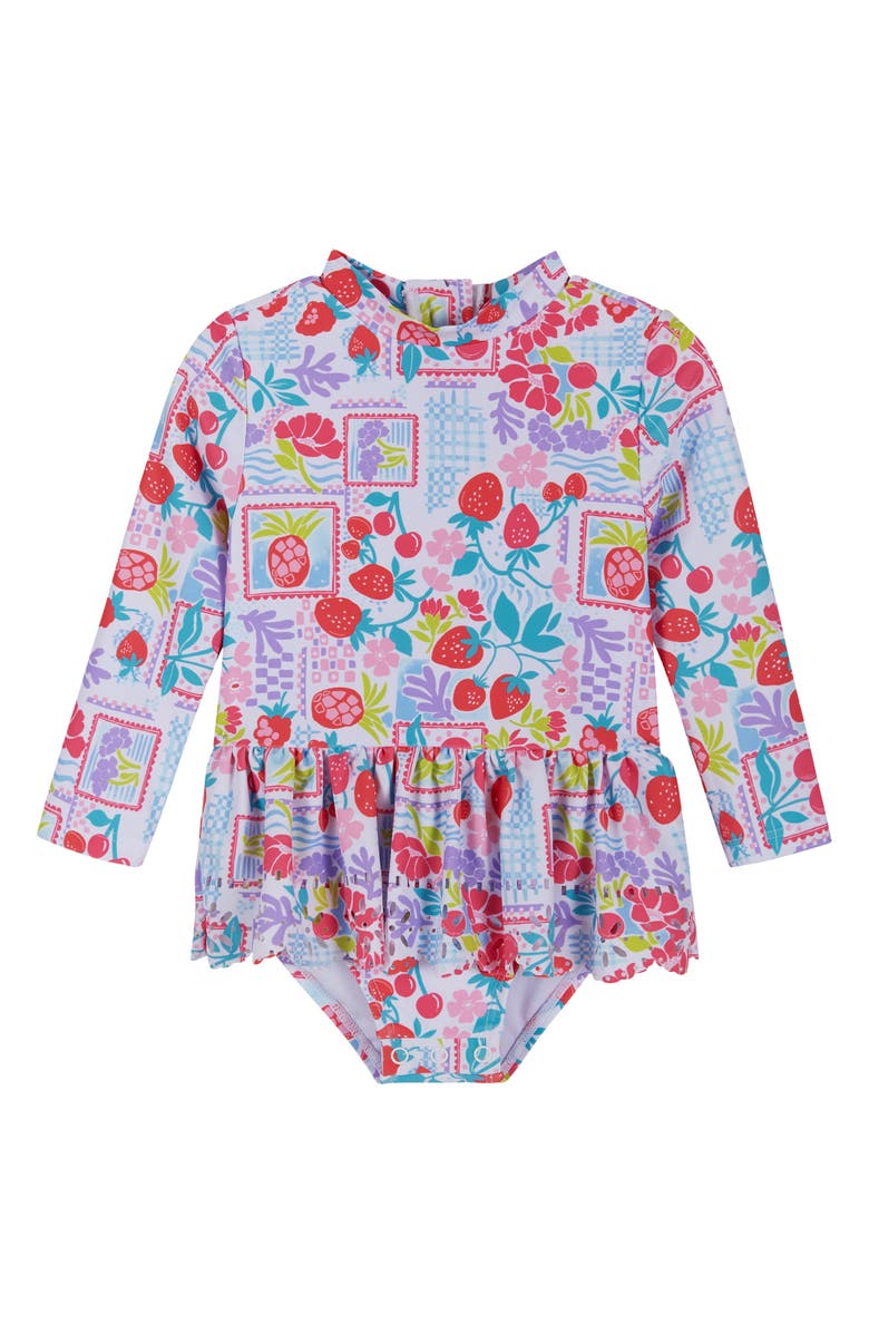 Andy & Evan Fruit Print Skirted One-Piece Rashguard & Hat Set, Alternate, color, White Fruit