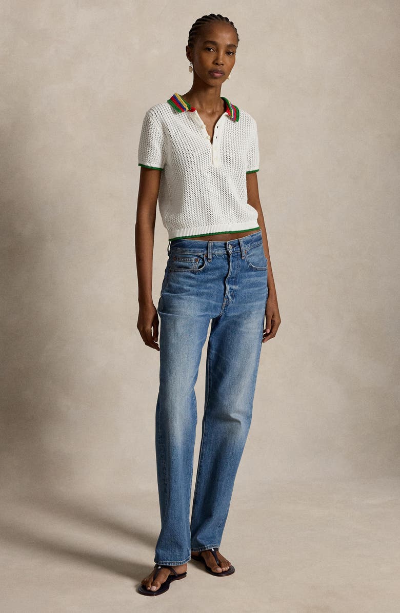 Polo Ralph Lauren Pointelle Knit Short Sleeve Polo, Alternate, color, White Multi