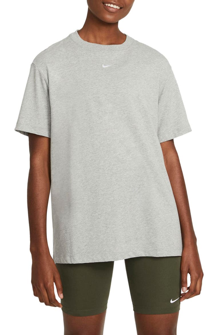 Essential Embroidered Swoosh Cotton T-Shirt, Main, color, DARK GREY HEATHER/ WHITE