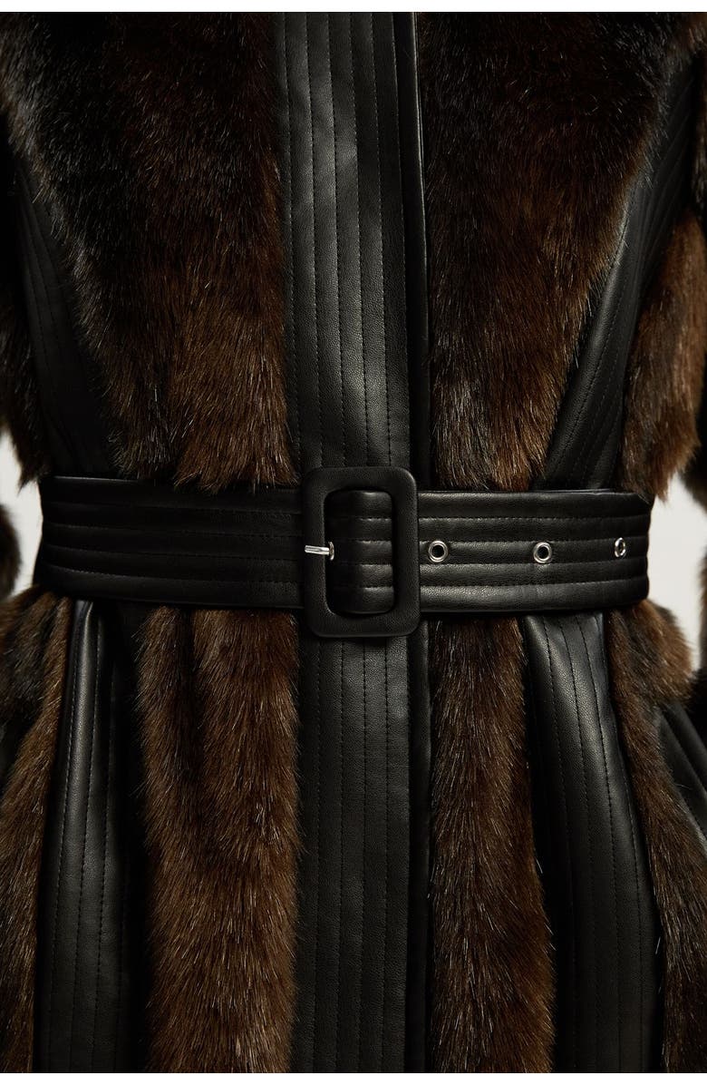 Karen Millen Faux Fur PU Panelled Belted Midi Coat, Alternate, color, Chocolate