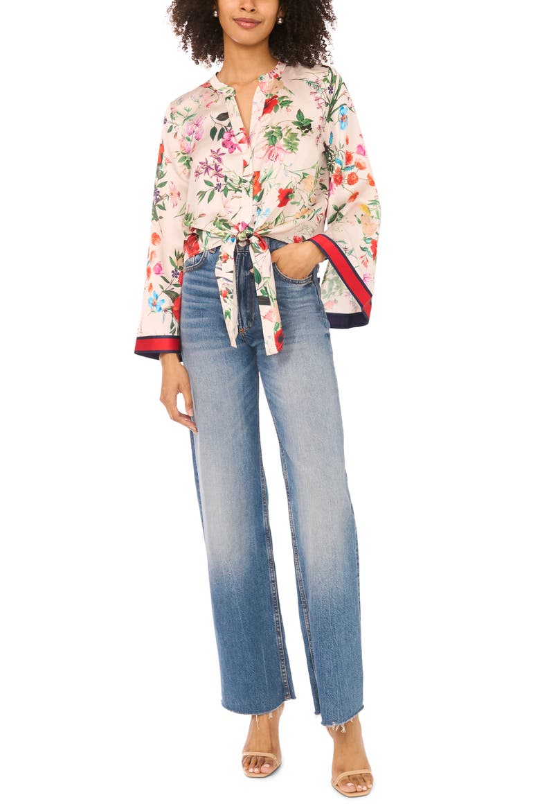 Tie Front Flare Sleeve Shirt, Alternate, color, IVORY MULTI