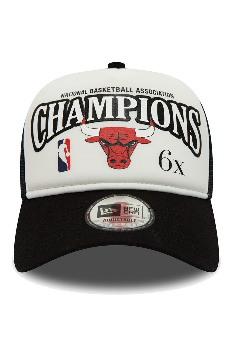 New Era Men's New Era White/Black Chicago Bulls 6x League Champs Commemorative 9FORTY Trucker Snapback Hat, Alternate, color, 