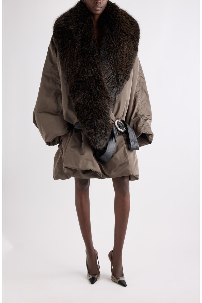 Faux Fur Collar Belted Silk Coat, Main, color, KAKI FONCE