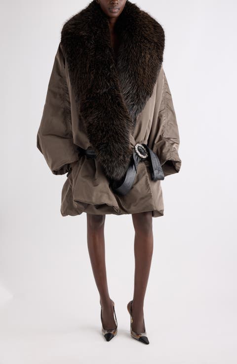 Faux Fur Collar Belted Silk Coat