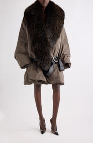 Saint Laurent Faux Fur Collar Belted Silk Coat