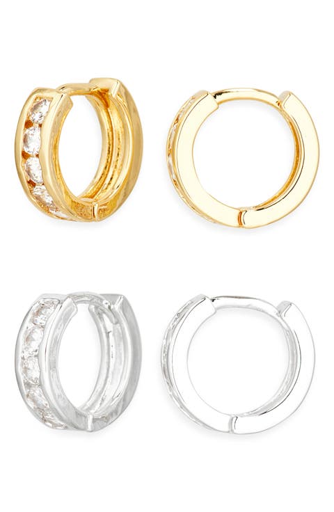 Set of 2 Demi-Fine Cubic Zirconia Huggie Hoop Earrings