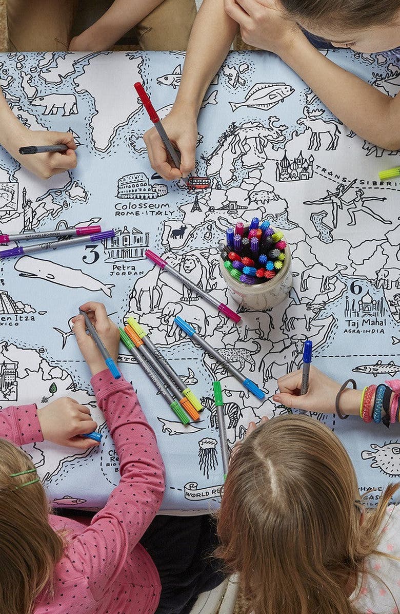 Eat Sleep Doodle World Map Tablecloth, Alternate, color, Light Blue