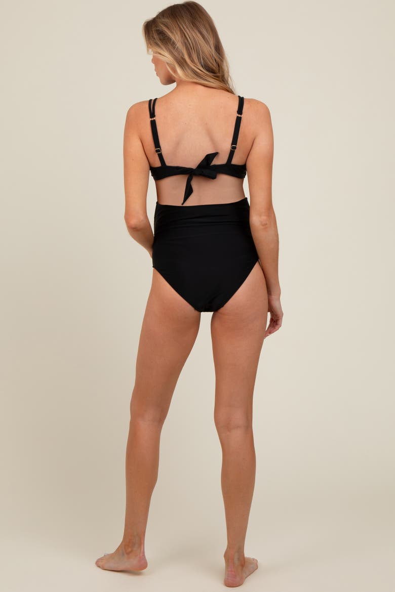 Scalloped V-Neck High Waist Two-Piece Swimsuit, Alternate, color, Black