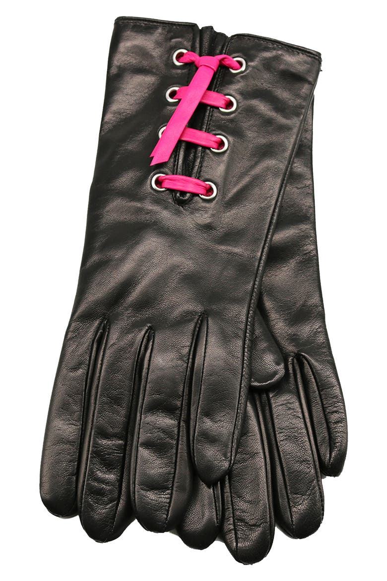 Eyelet Lace-Up Leather Gloves, Main, color, BLACK/ BRGHT FUXIA