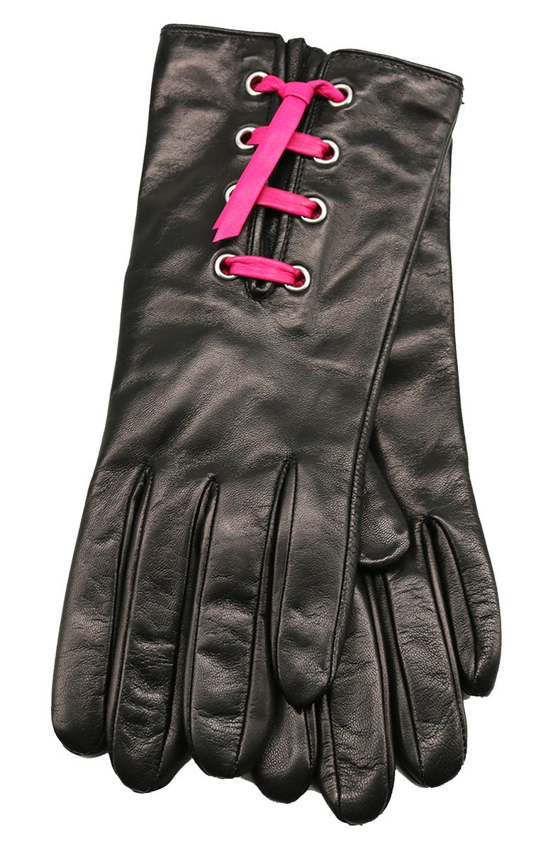 Portolano Eyelet Lace-Up Leather Gloves, Main, color, Black/ Brght Fuxia