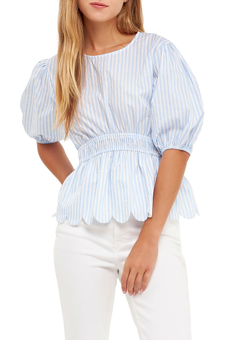 Stripe Puff Sleeve Peplum Top, Main, color, BLUE STRIPES