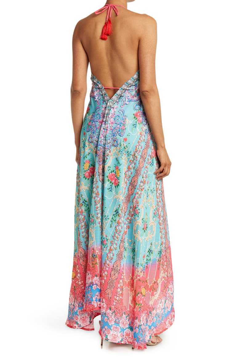 Bright Printed Pink Blooms Flare Sleeve Cover-Up Duster, Alternate, color, TURQUOISE