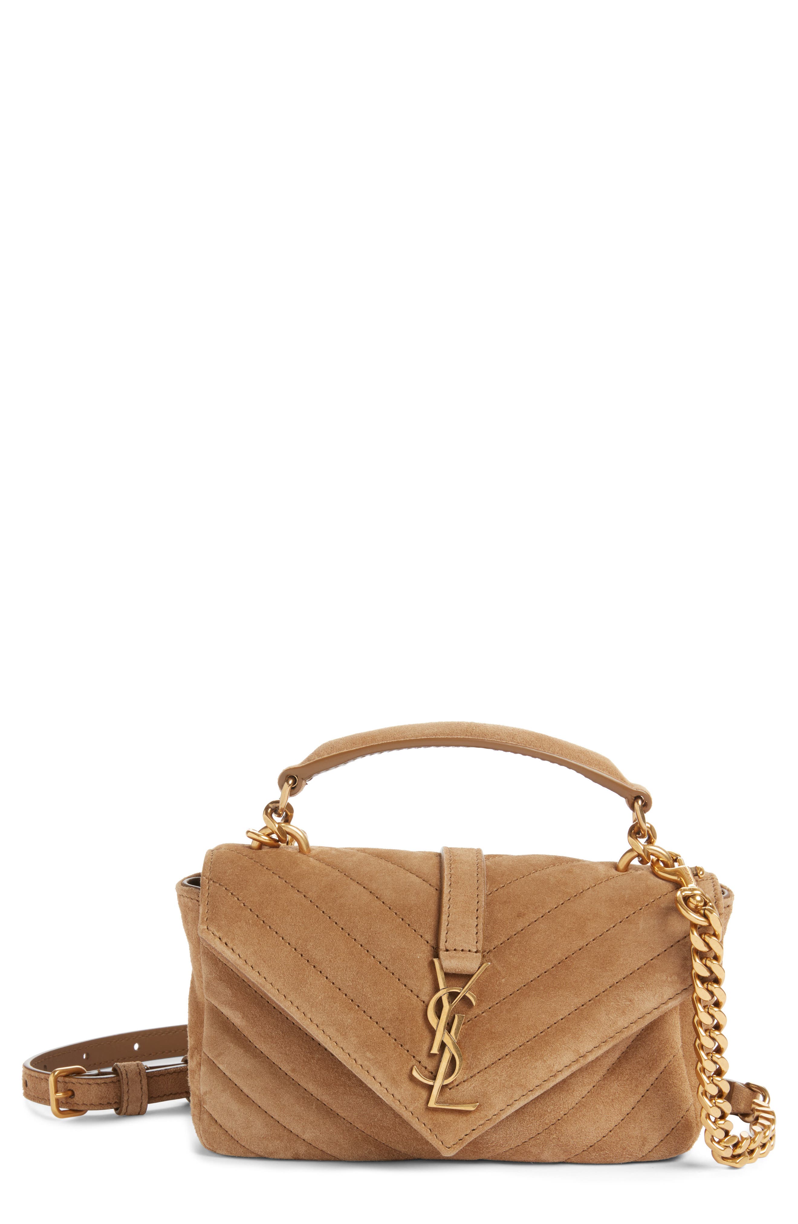 Saint Laurent Mini College Matelassé Suede Crossbody Bag, Main, color, Golden Leaf