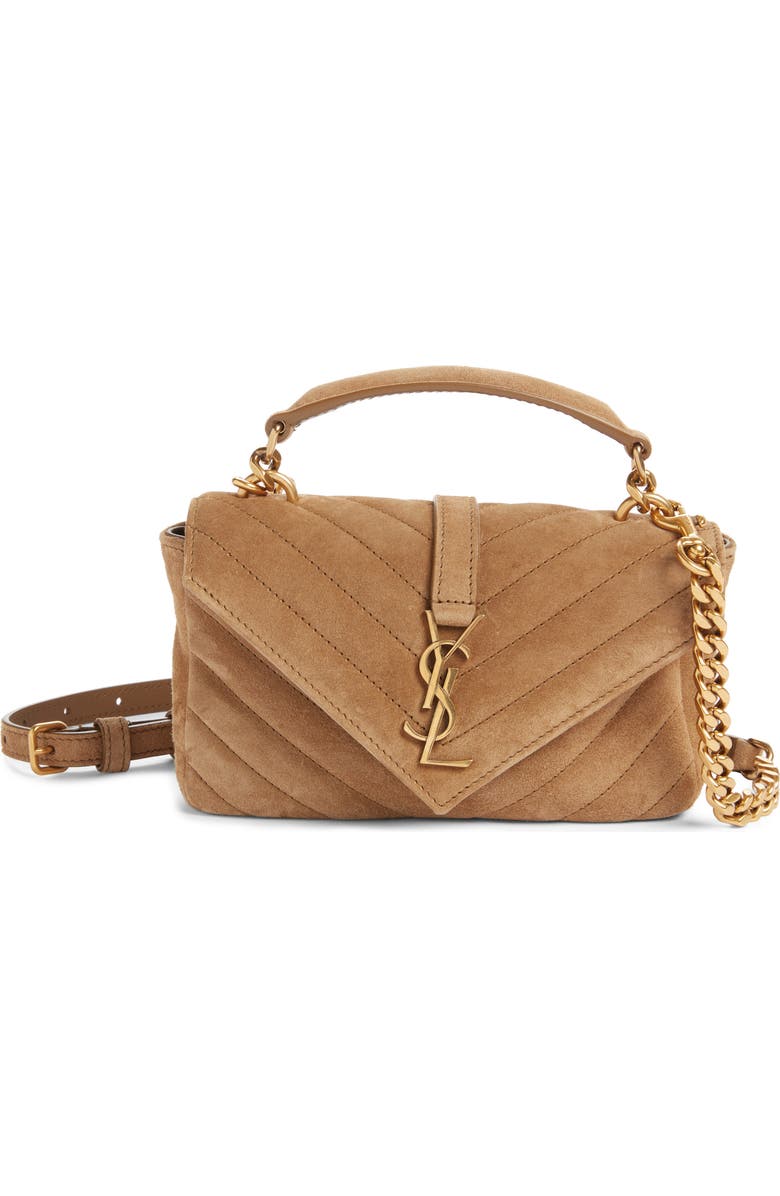 Saint Laurent Mini College Matelassé Suede Crossbody Bag, Main, color, Golden Leaf