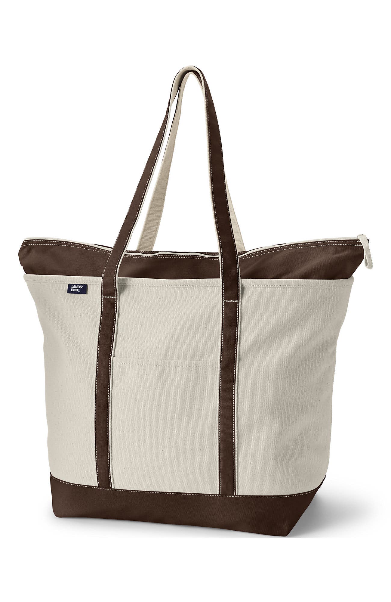 Lands' End Zip Top Long Handle Canvas Tote Bag, Main, color, Natural/Brown Root