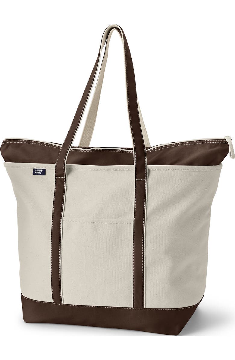 Lands' End Zip Top Long Handle Canvas Tote Bag, Main, color, Natural/Brown Root