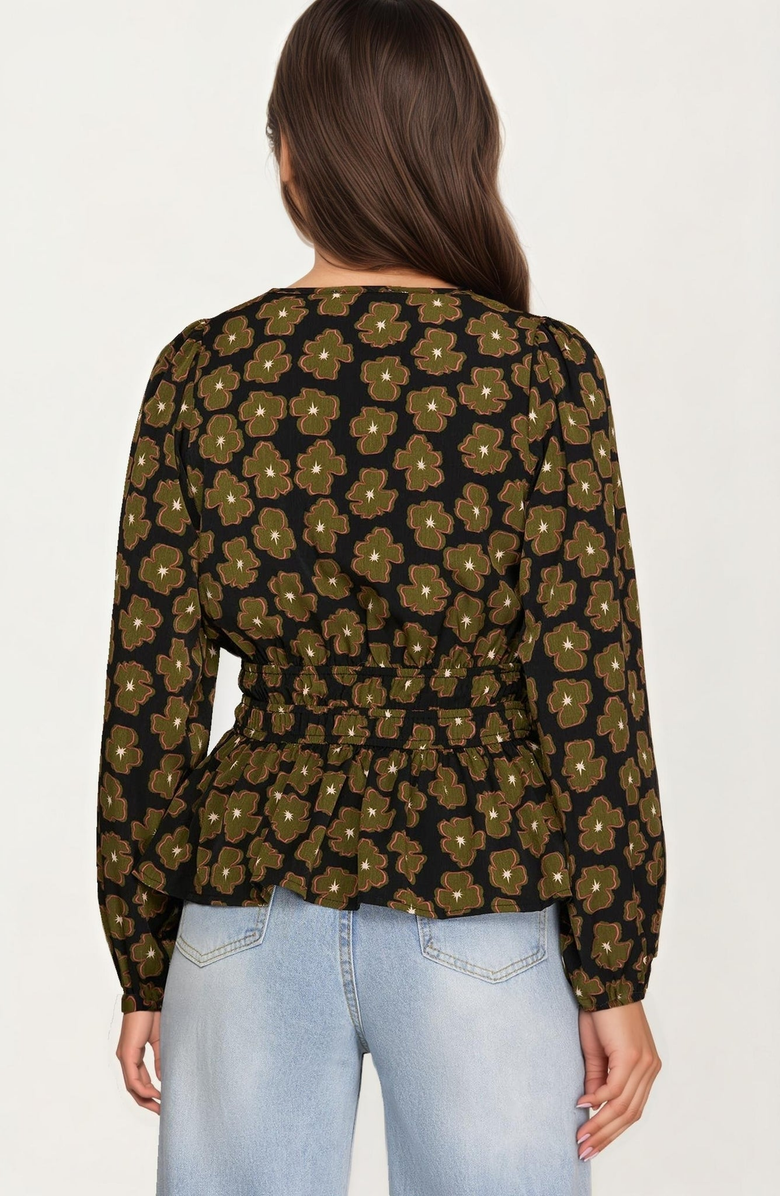 Knit and Lounge Floral Print Smocked Waist Blouse, Alternate, color, Black / Green Floral