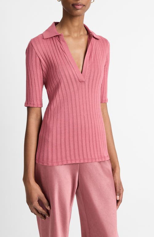Vince Womens Peony Wood Ribbed V-neck Cotton Polo Shirt In Pink