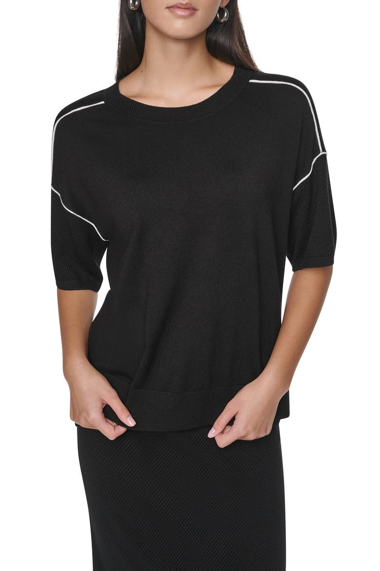 Contrast Trim Short Sleeve Sweater, Main, color, BLK/ IVY