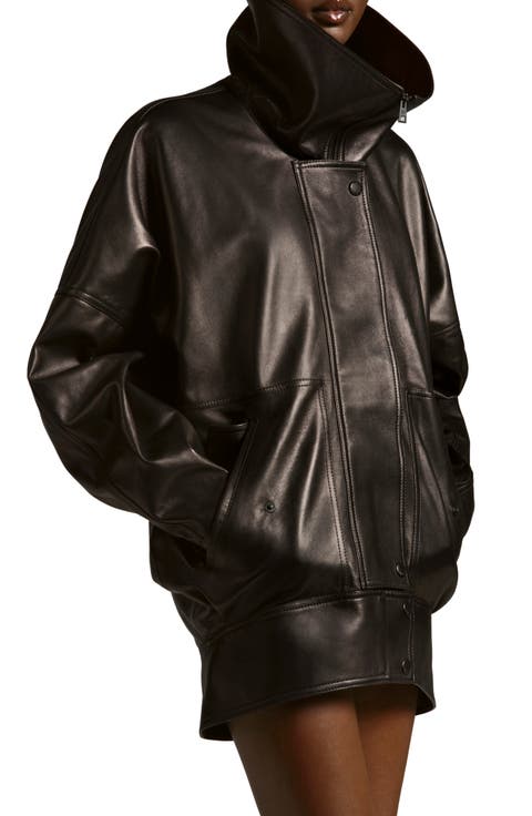 High Collar Leather Bomber Jacket
