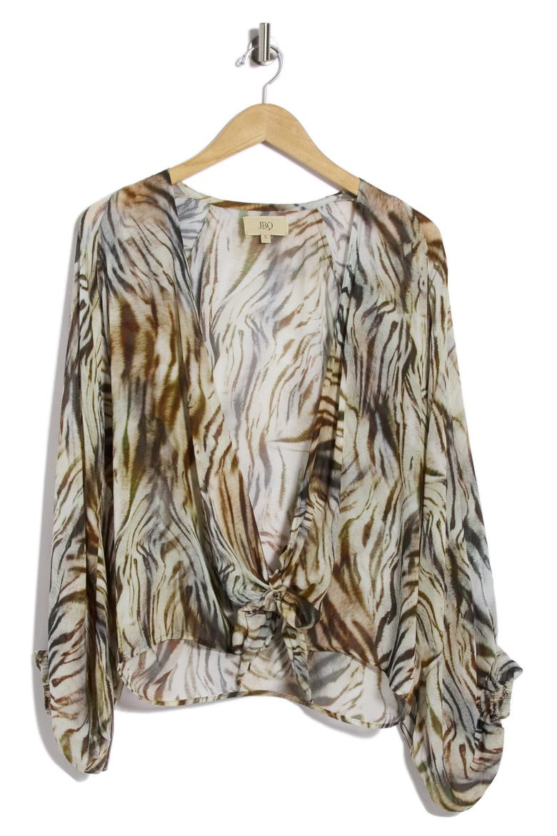 Adri Long Sleeve Tie Front Top, Main, color, SAFARI PRINT