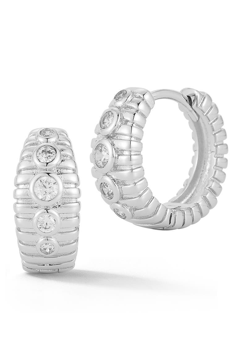 Cubic Zirconia Ribbed Huggie Hoop Earrings, Main, color, SILVER