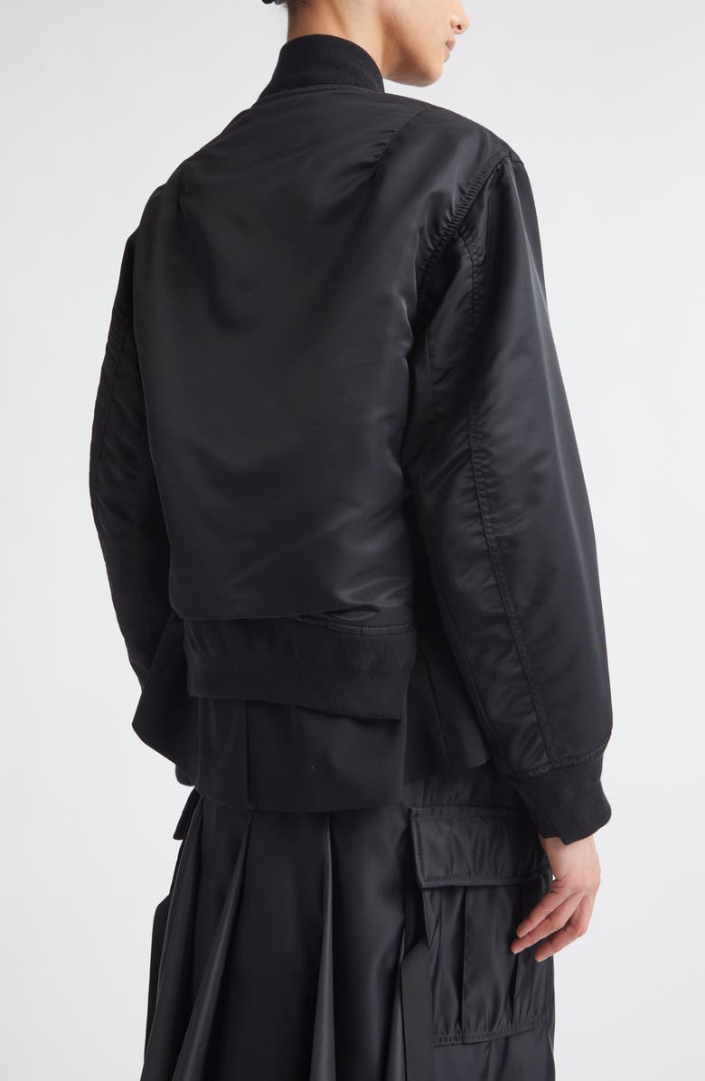 Sacai Mixed Media Nylon Twill & Wool Bomber Jacket, Alternate, color, Black