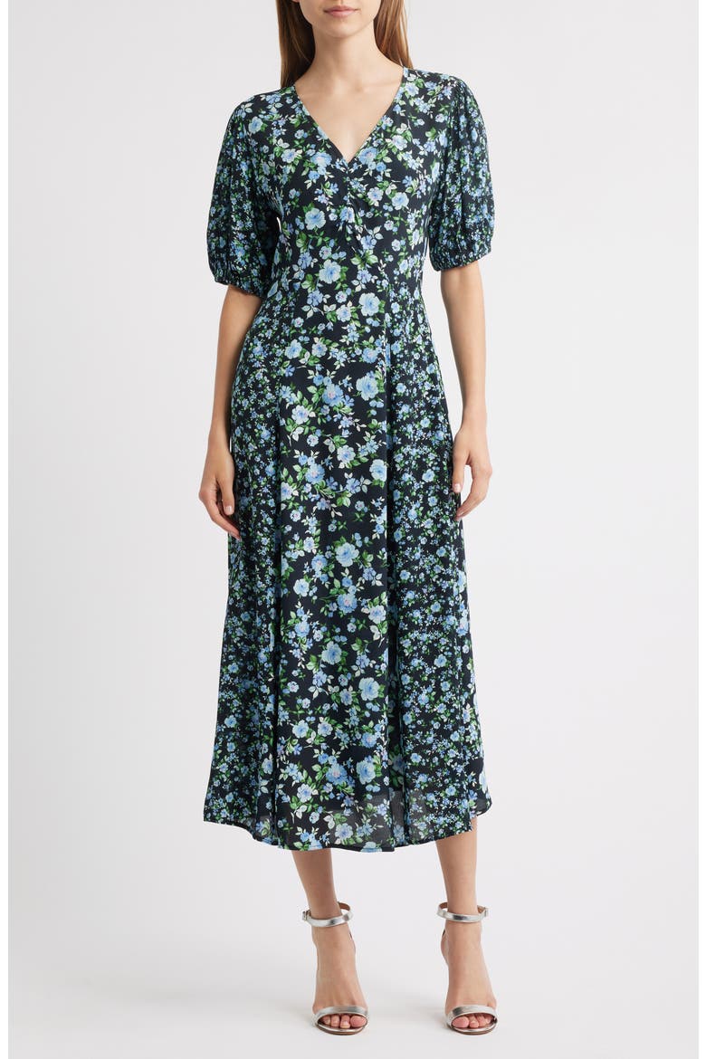 Floral Print Puff Sleeve Midi Dress, Main, color, BLUE