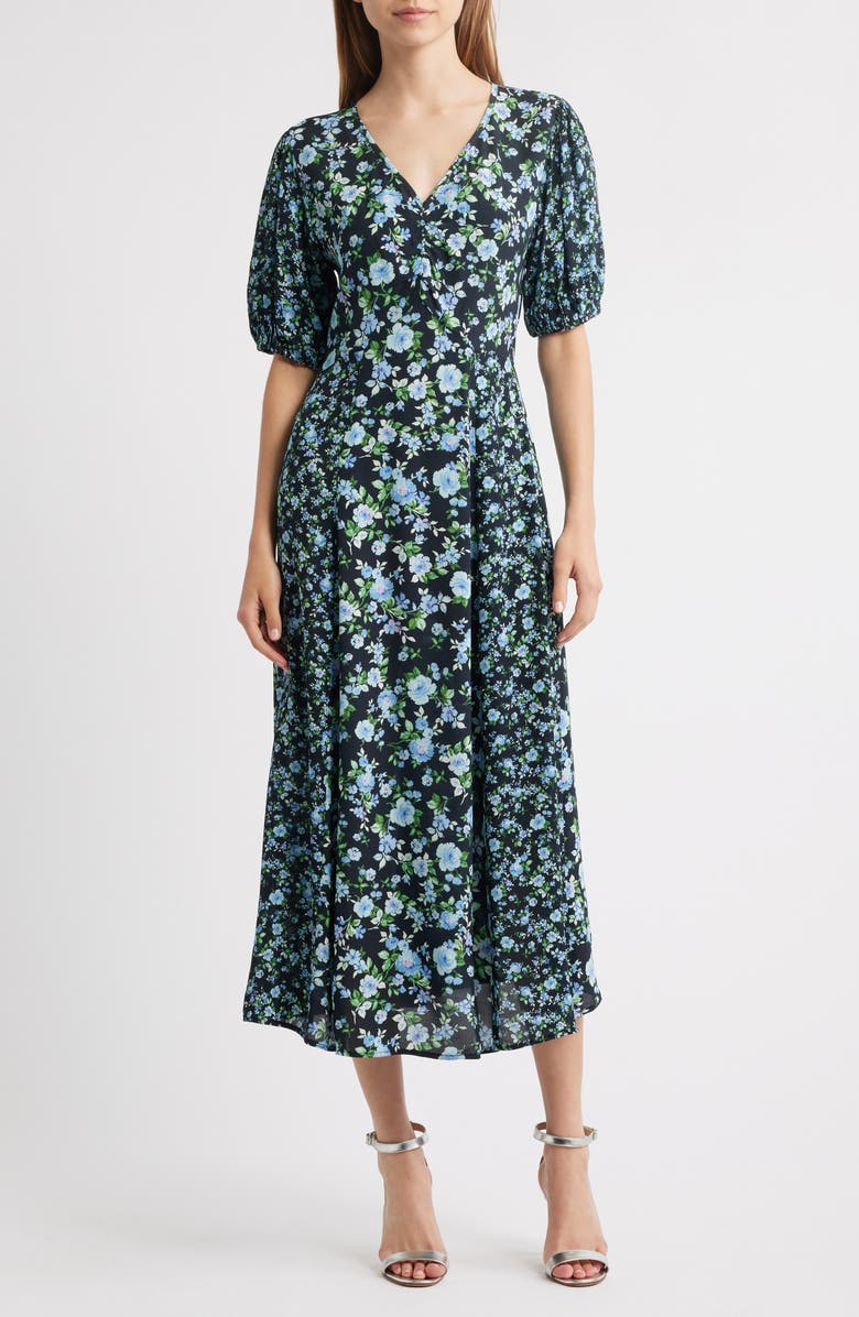 Lipsy Floral Print Puff Sleeve Midi Dress, Main, color, Blue