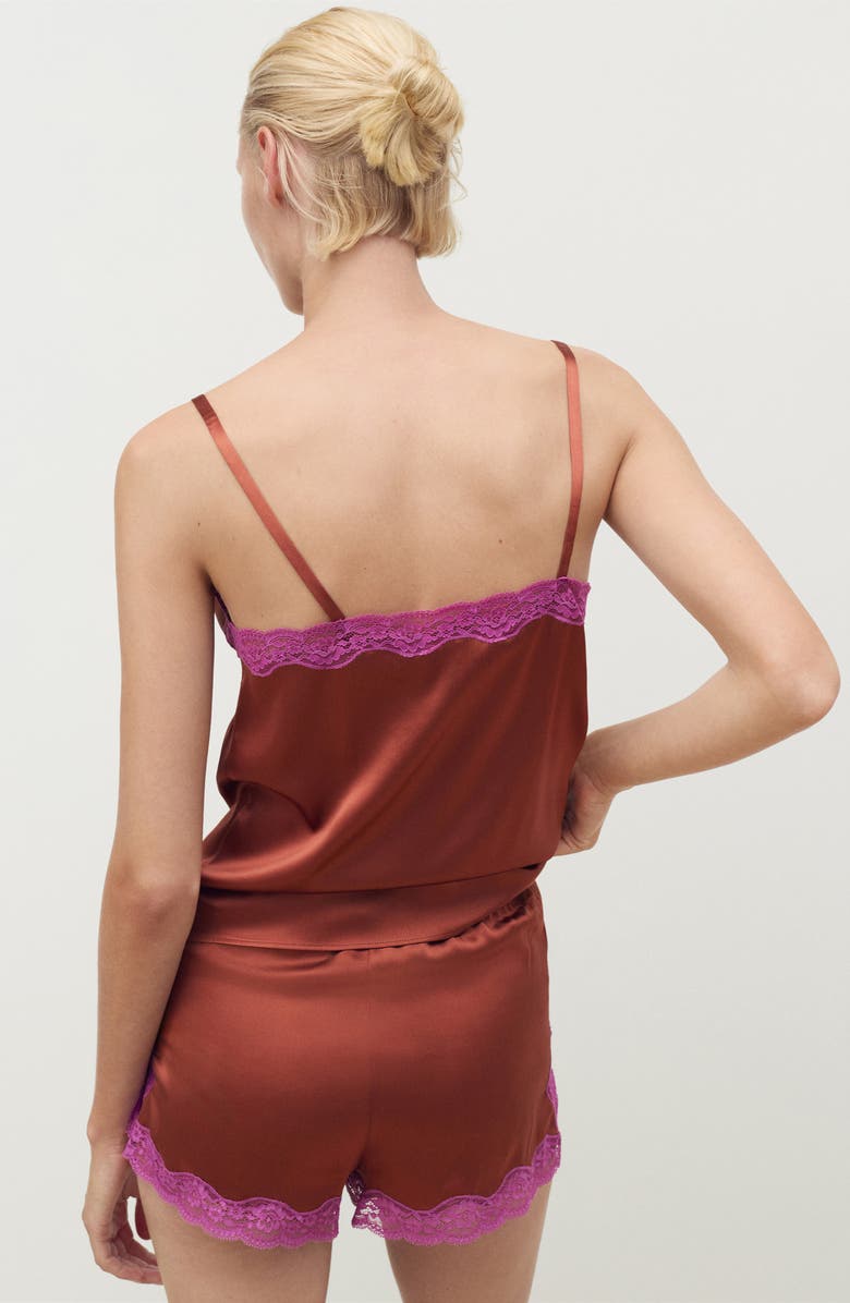 MANGO Contrast Lace Trim Stretch Silk Pajama Shorts, Alternate, color, Brown
