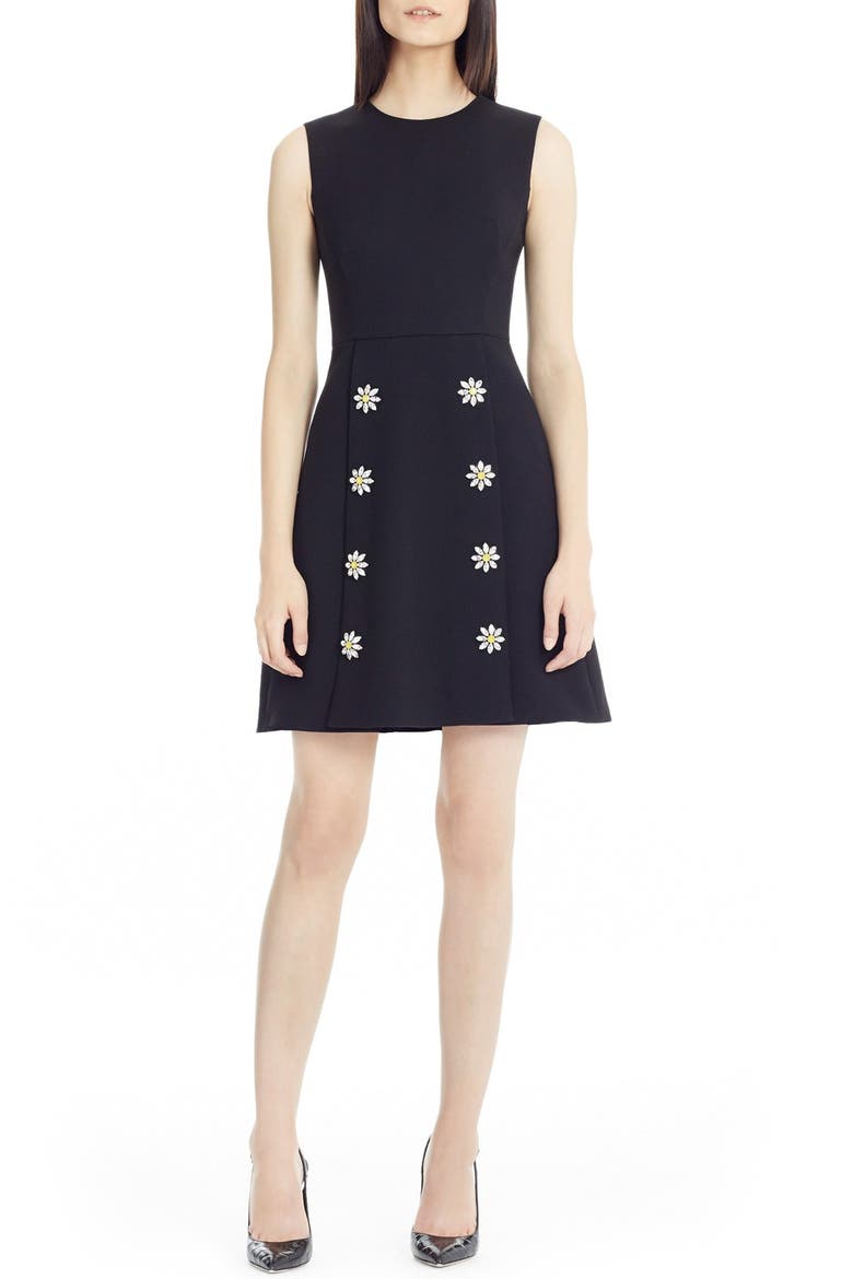 Daisy Crystal Button Wool Crepe Dress, Main, color, BLACK