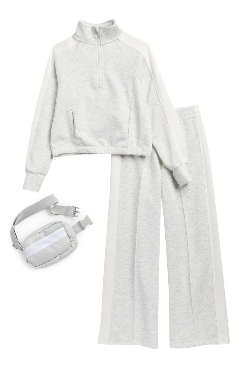 90 DEGREE BY REFLEX Kids' Half Zip Sweatshirt, Pants & Belt Bag Set, Main, color, Heather Light Grey/ Glacier