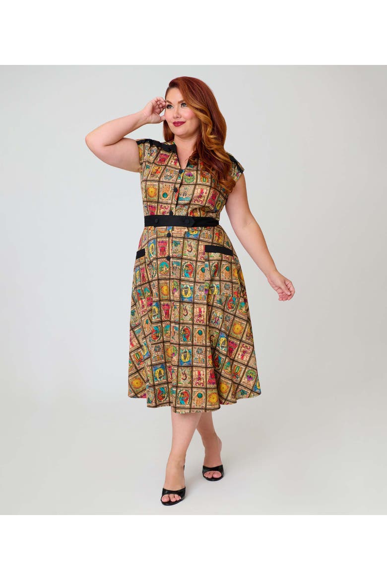 Plus Size 1950s Hedda Swing Dress, Alternate, color, Brown Tarot Print