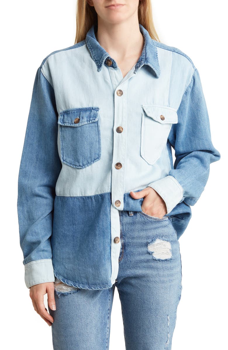 Good American Denim Patchwork Button-Up Shirt, Main, color, 