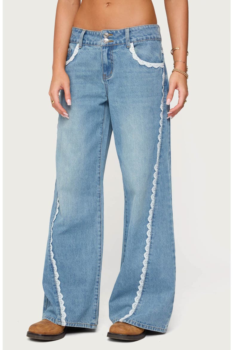 Alisha Lace Trim Low Rise Jeans, Main, color, BLUE-WASHED